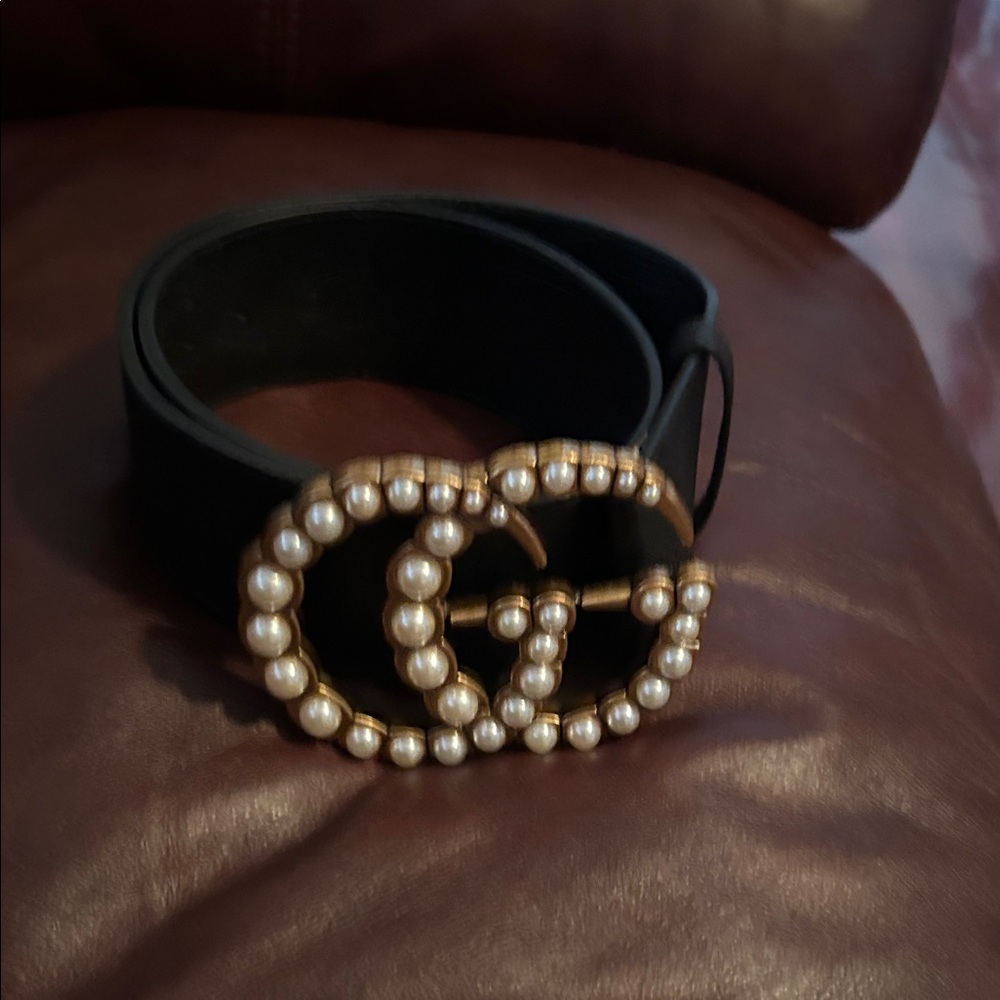 Pearl-Embellished Black Leather Belt high waist belt